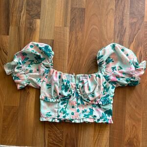 Dash of Nash Size S Floral Puff Sleeve Crop Top in Pink & Teal